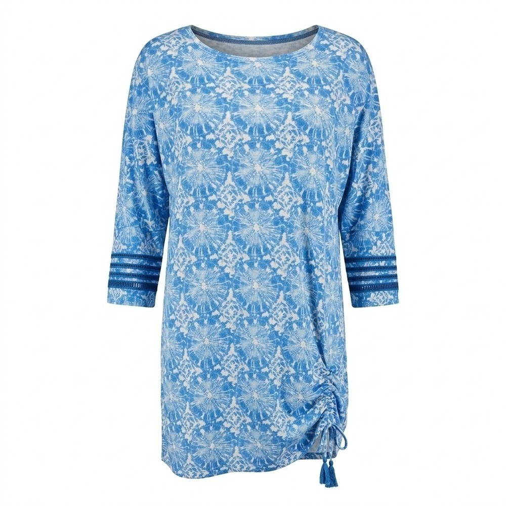 NEW Ali Miles Women's Size Medium Blue White Linen Blend Ruched Tassel Tunic Top